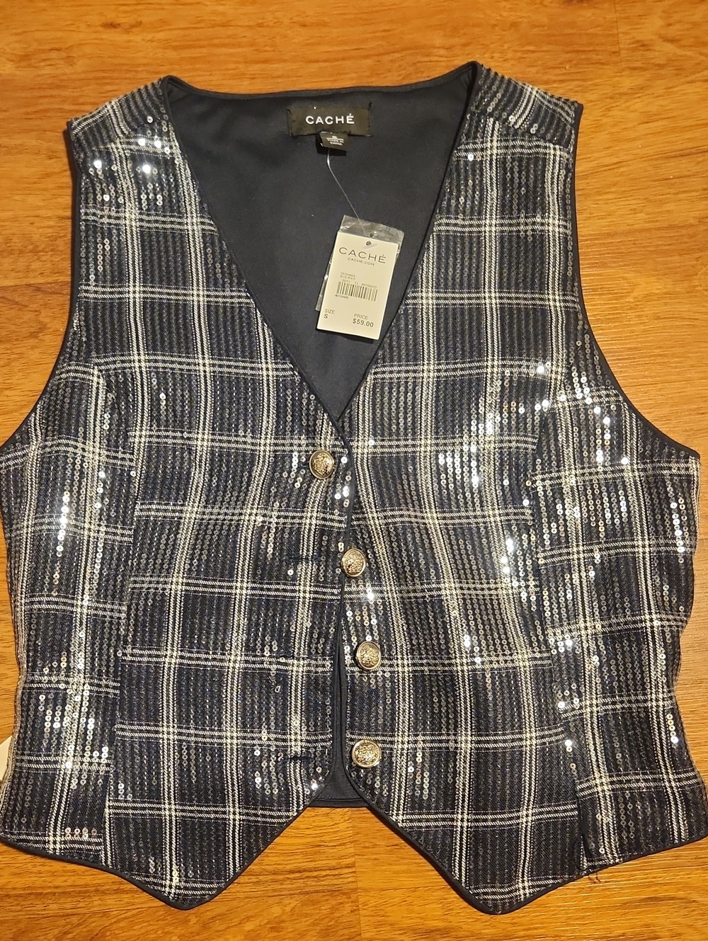 Cache Navy and Silver Sequin Plaid Vest